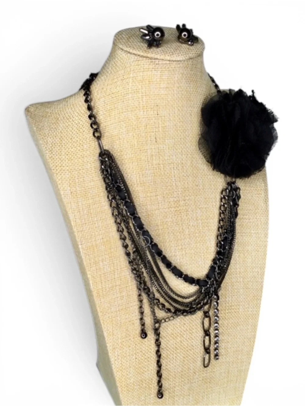 Vtg Y2K Gothic Romantic Black Multi‑Chain Necklace & Coordinating Earrings Set - Picture 3 of 12